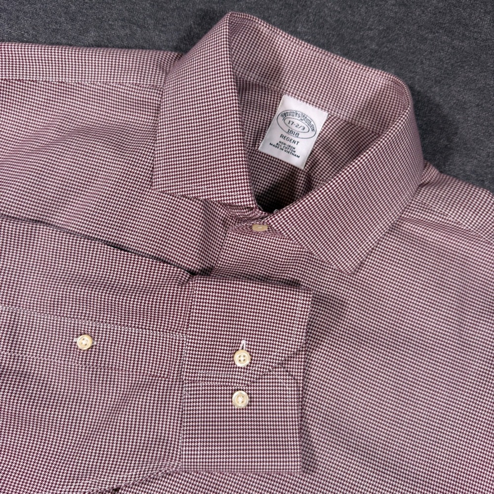 Brooks‎ Brothers Dress Shirt Mens 17-2/3 Burgundy Houndstooth Regent Non-Iron
